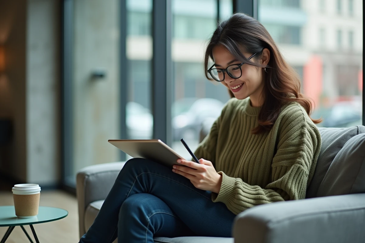 Freelance auto-entrepreneuse vérifiant une confirmation de paiement comptant sur une tablette dans un espace de coworking moderne