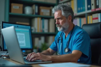 Professionnel de santé analysant des données numériques sur un ordinateur