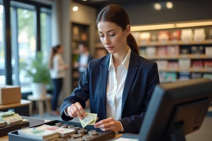 Gérante de magasin qui compte et organise des billets et pièces en euros au comptoir caisse avant l'ouverture du commerce