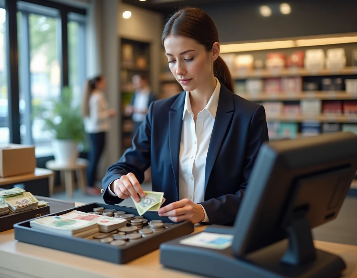 Gérante de magasin qui compte et organise des billets et pièces en euros au comptoir caisse avant l'ouverture du commerce