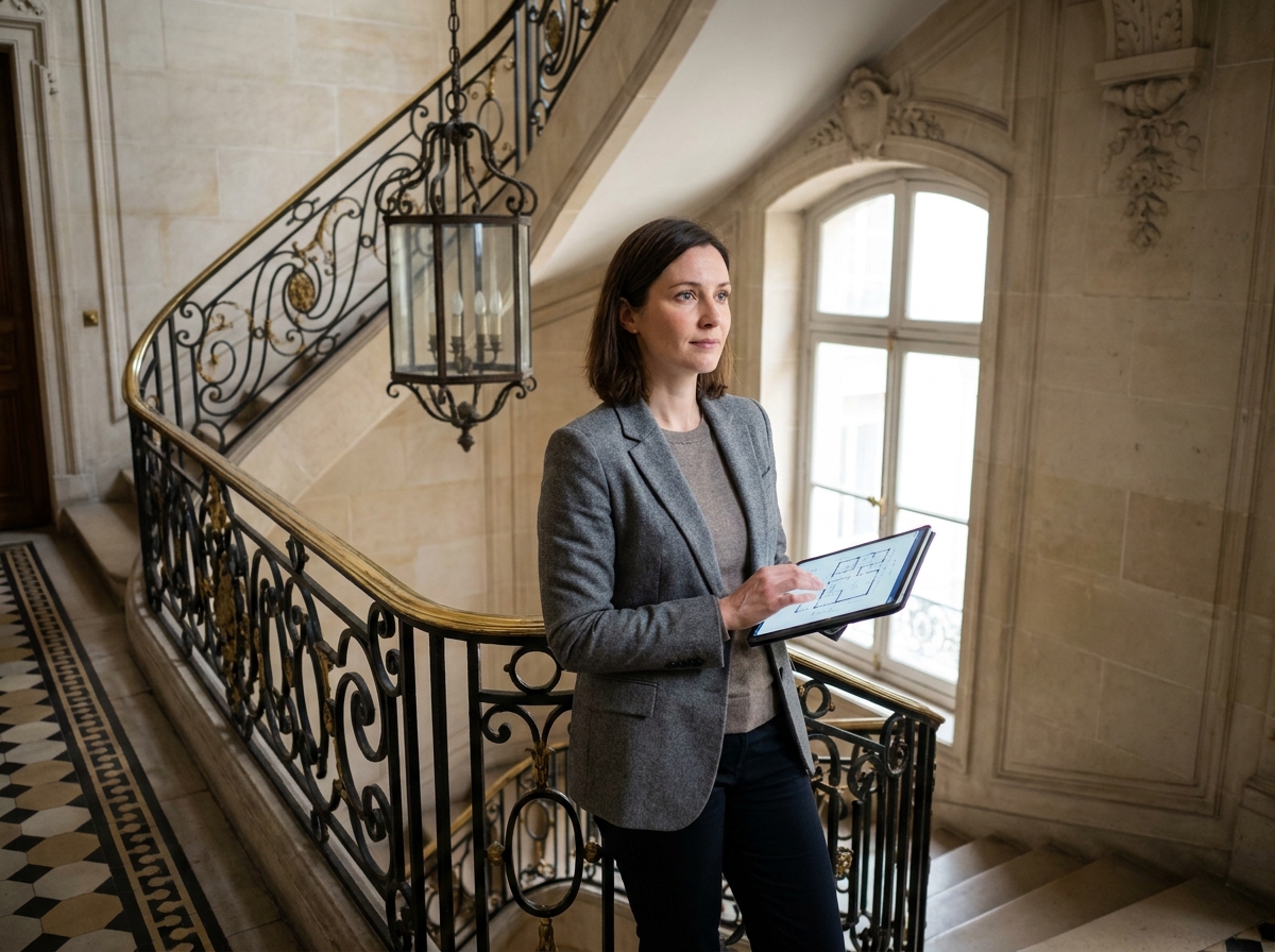 Gestionnaire d'immeuble haussmannien consultant un plan d'installation d'alarme dans la cage d'escalier