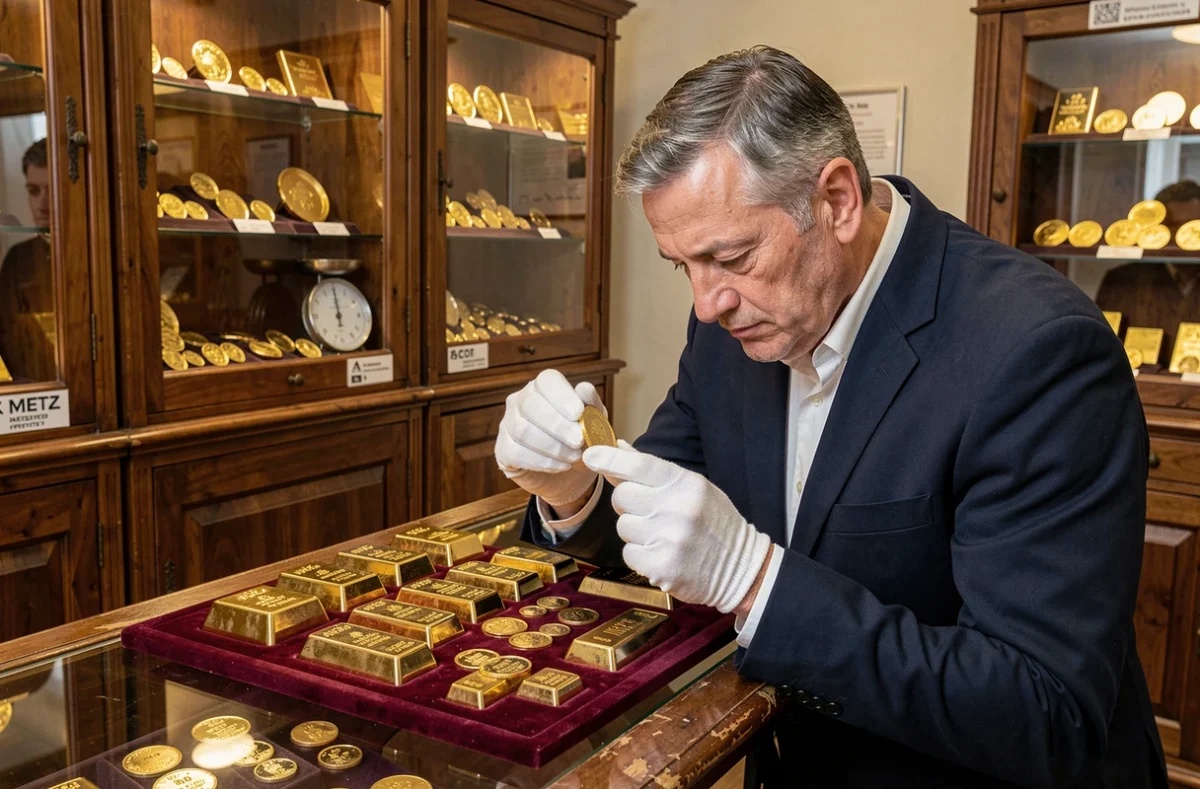 Spécialiste de Godot et Fils à Metz examinant des pièces d'or physique pour la diversification patrimoniale