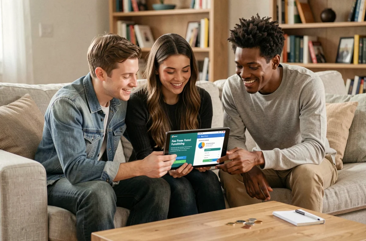 Groupe de jeunes adultes comparant une cagnotte sans frais et une application bancaire sur tablette dans un salon