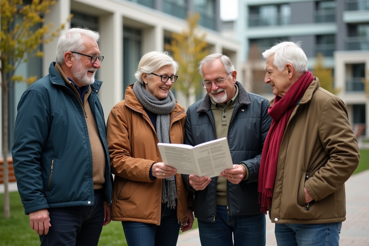 Groupe de retraités discutant en plein air dans un parc urbain