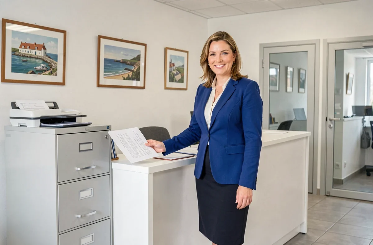 Gwenn Corbel, notaire à Lorient, en veste bleue cobalt présentant des documents dans son office notarial