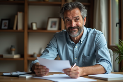 Homme d'affaires en bureau avec documents et stylo