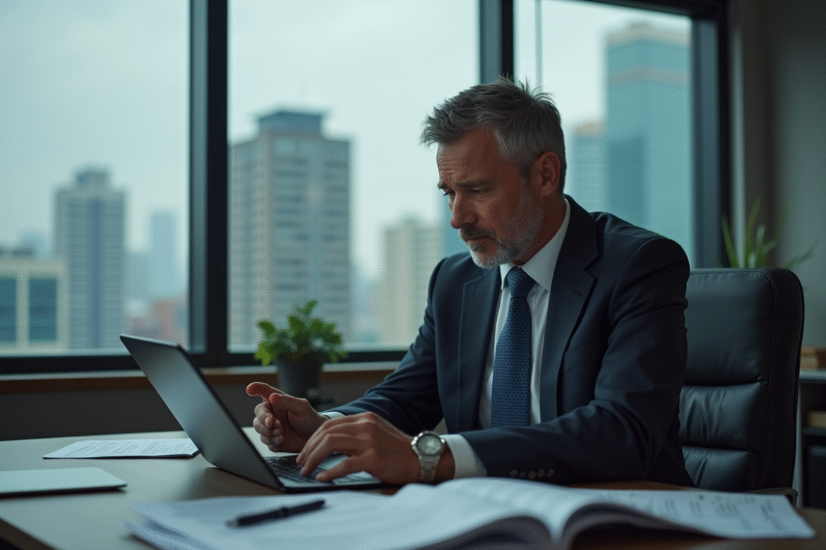 Homme d'affaires regardant un tablet avec baisse boursiere