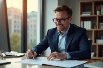 Homme d'affaires souriant en revue des documents financiers