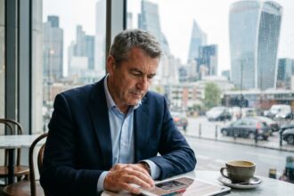 Homme d'affaires en costume lisant les actualités financières