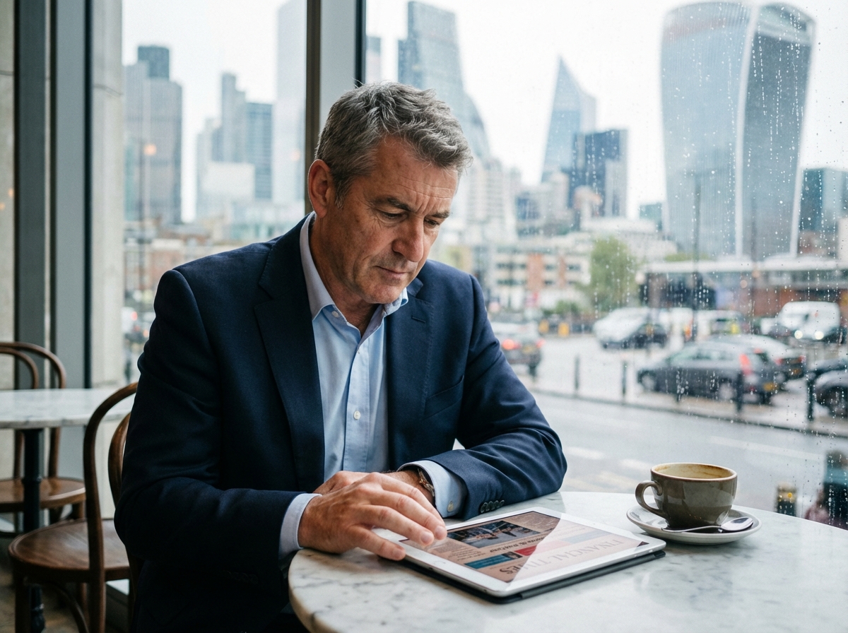 Homme d'affaires en costume lisant les actualités financières