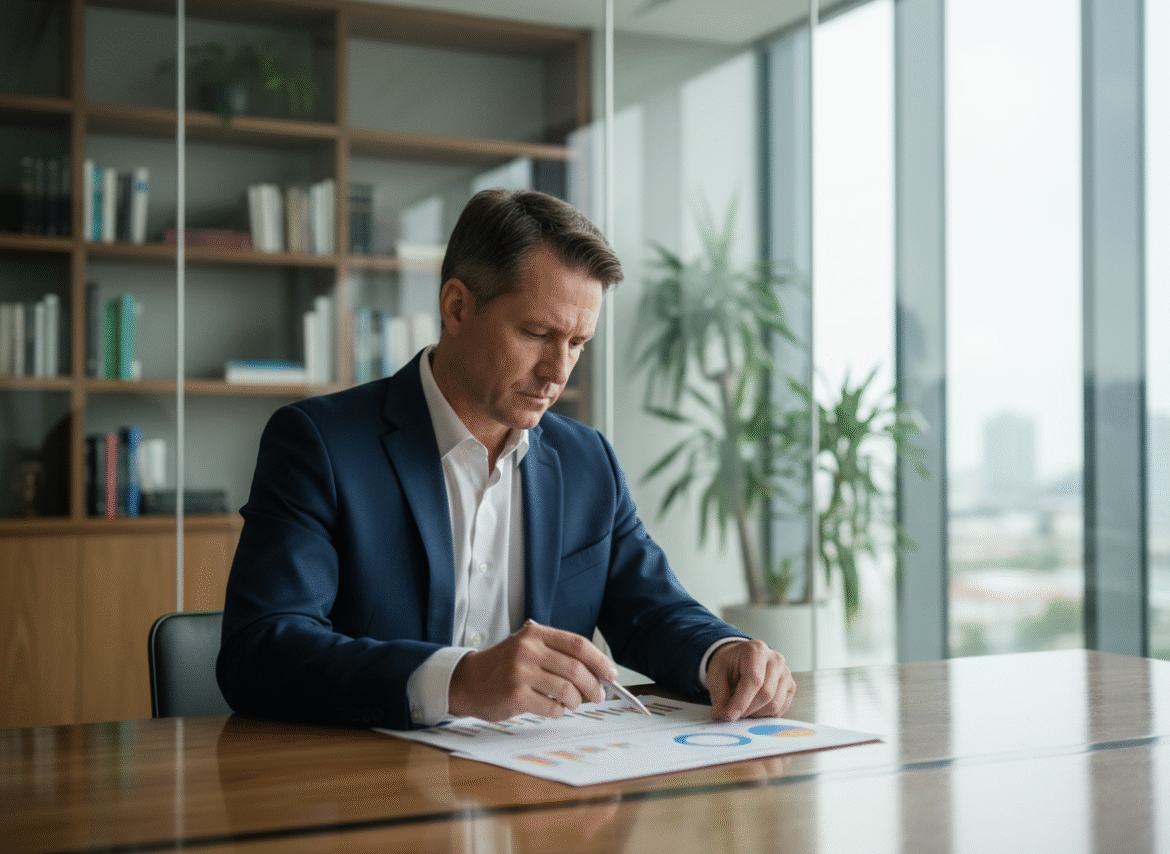 Homme d'affaires en costume dans un bureau moderne