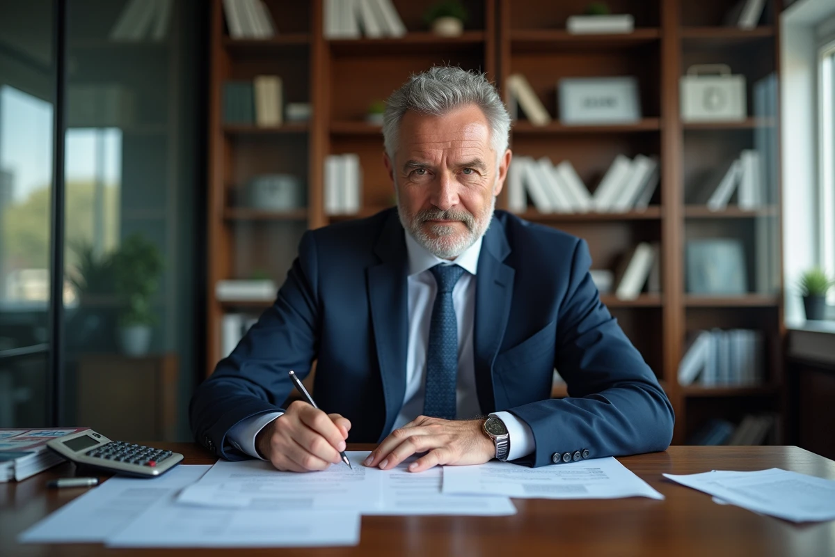 Homme d'affaires en costume bleu dans un bureau moderne