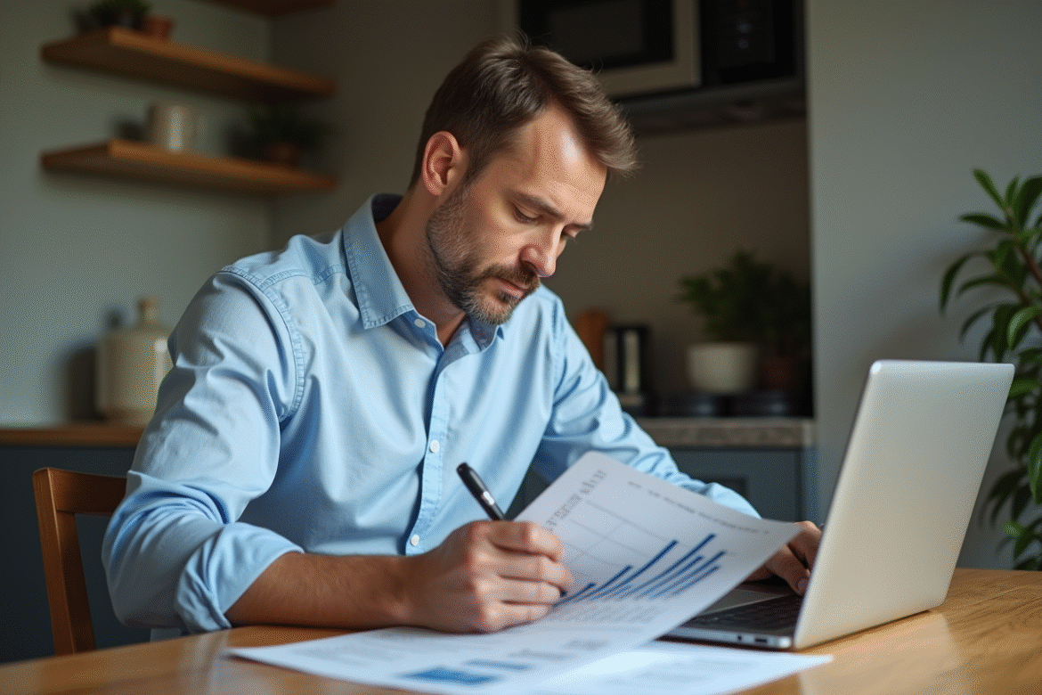 Homme d'affaires dans une cuisine en train de revoir ses documents