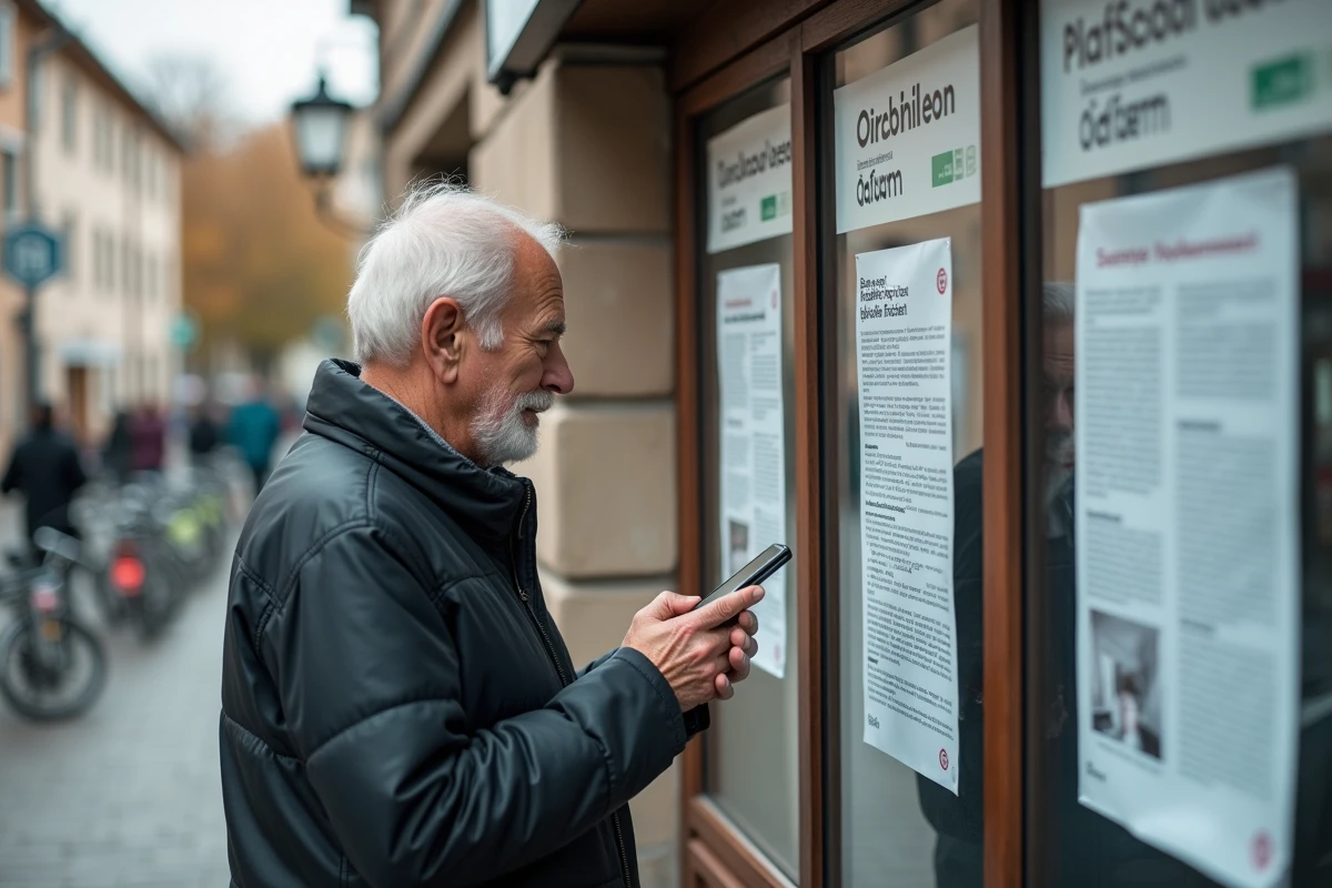 Homme consulte annonces municipales devant la mairie