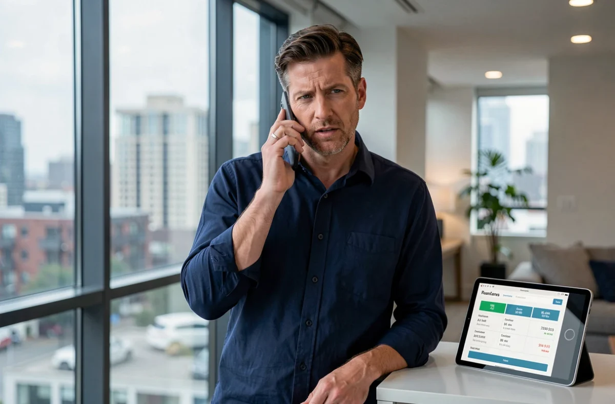 Homme appelant le service client Cofidis depuis son salon pour poser des questions avant de signer une offre de crédit
