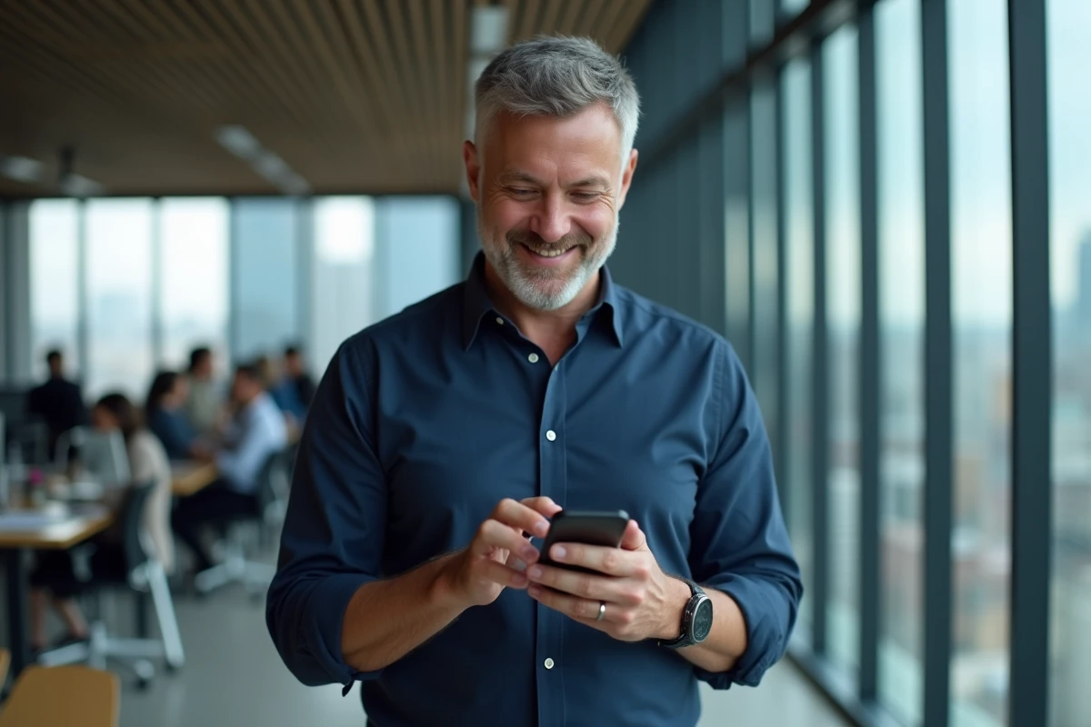 Homme d'affaires consultant l'application mobile Hello Bank sur son smartphone dans un bureau moderne