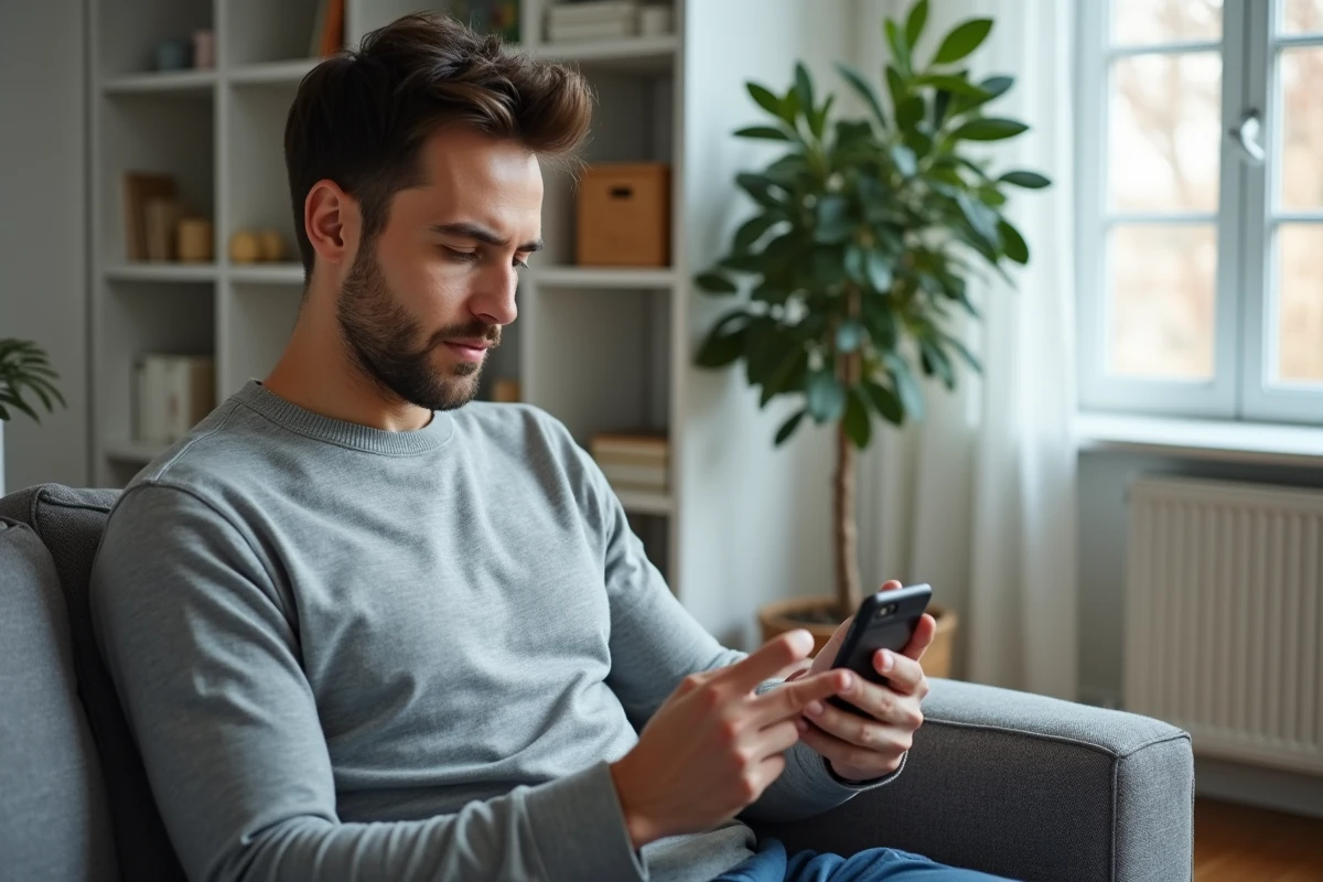 Homme utilisant une application mobile de mutuelle santé CMUT sur smartphone dans un salon moderne