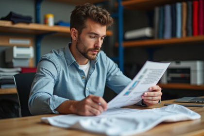 Homme examinant un échantillon de t-shirt DTF dans son atelier
