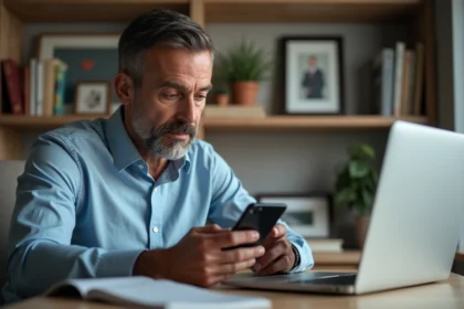 Homme d'âge moyen utilisant smartphone et ordinateur pour banque
