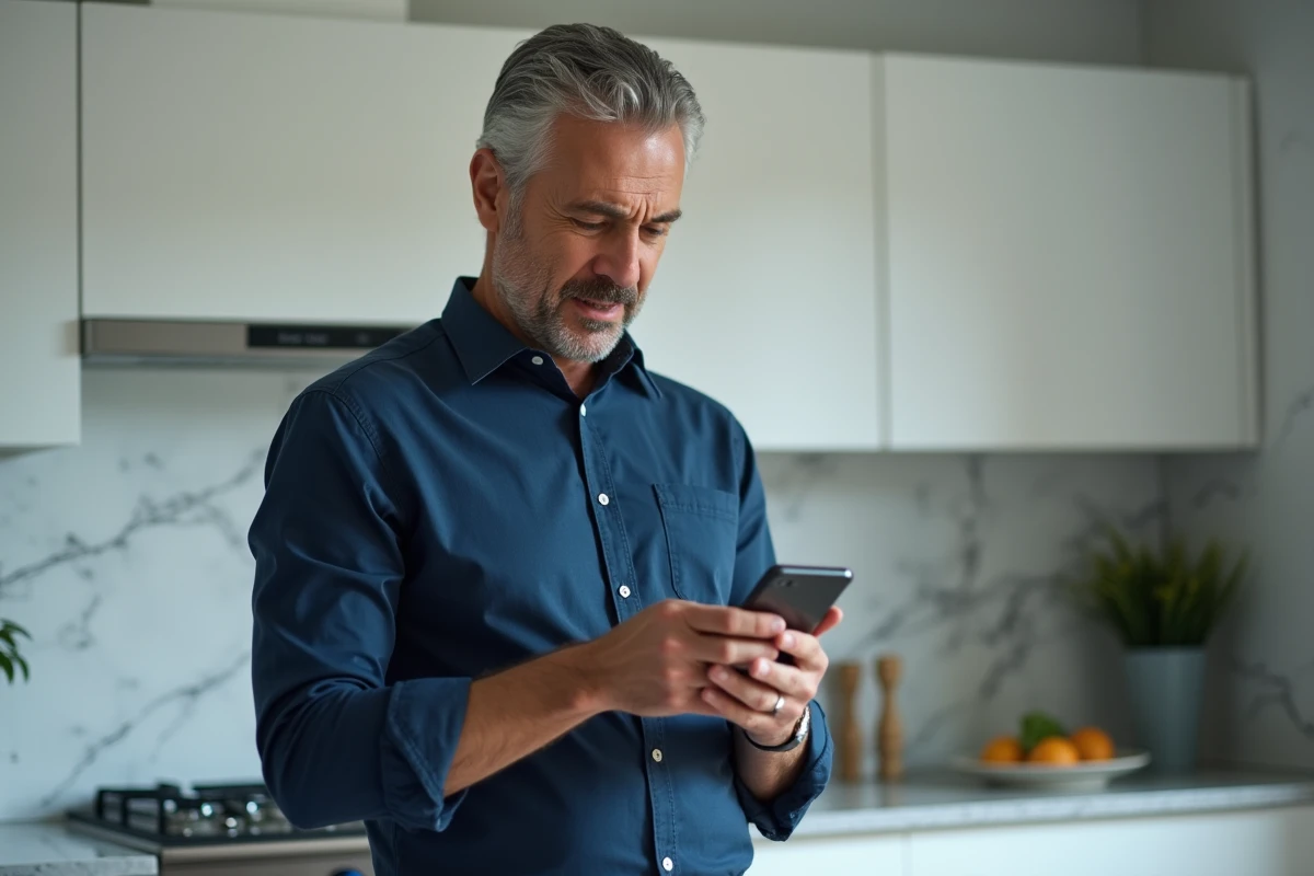 Homme vérifiant son application bancaire sur smartphone pour bloquer un abonnement frauduleux REMISEREDUC