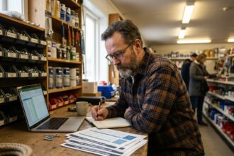 Homme magasinier examinant des graphiques ERP dans une boutique