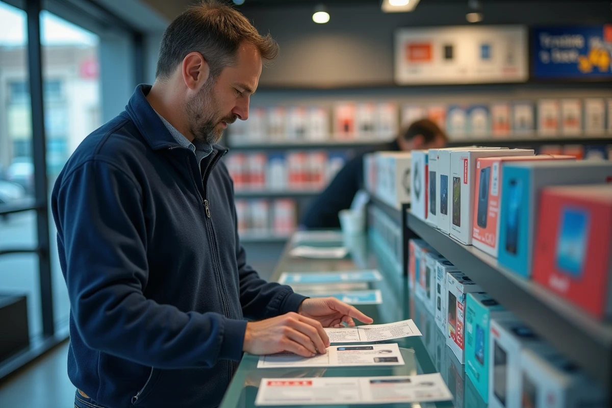 Homme en boutique télécom comparant un forfait prépayé et un forfait illimité sur des brochures