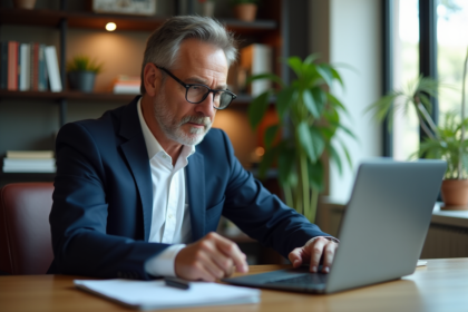Homme d'affaires en bureau moderne regardant des graphiques