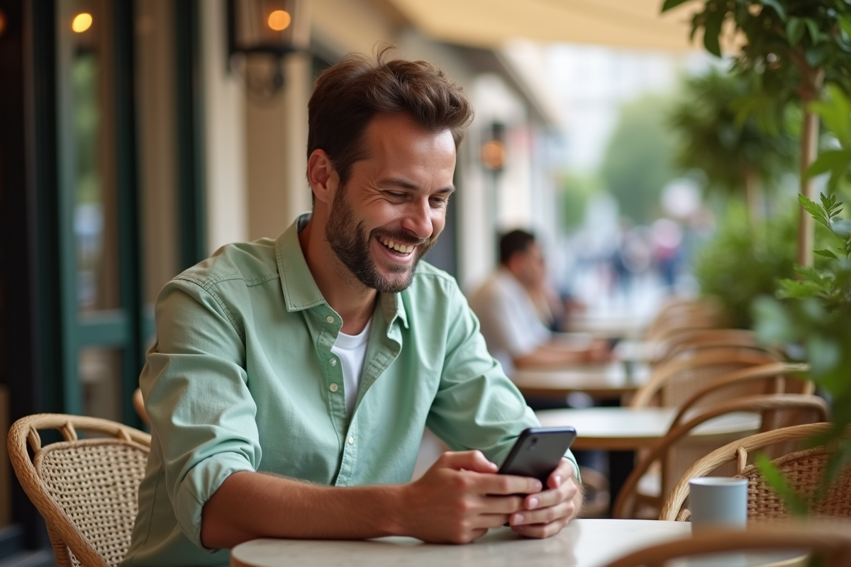 Homme riant vérifiant une notification sur son smartphone en extérieur