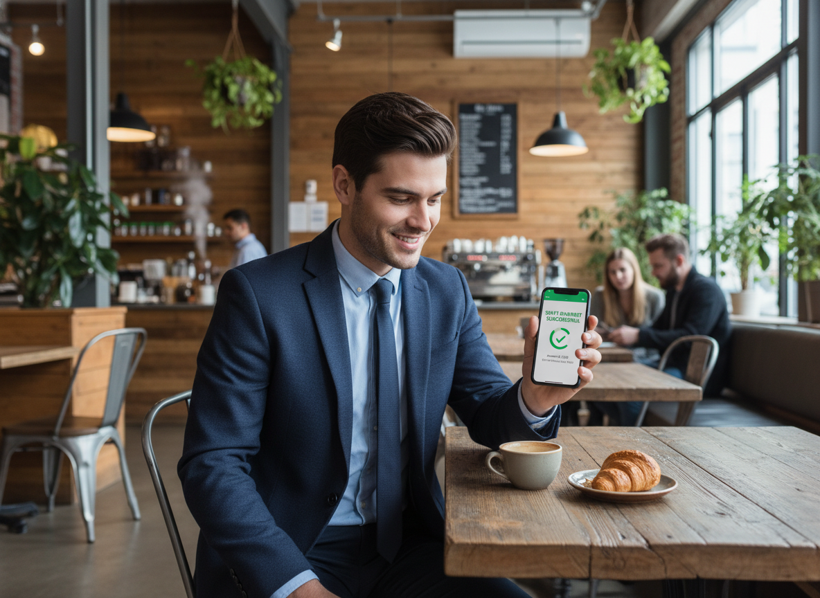 Jeune homme confirmant un paiement mobile au café