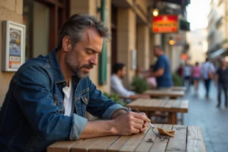 Homme d'âge moyen fumant dans un café en Espagne