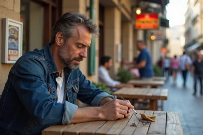 Homme d'âge moyen fumant dans un café en Espagne