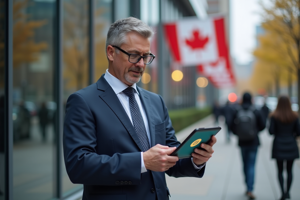Homme canadien d age moyen consulte smartphone et tablette