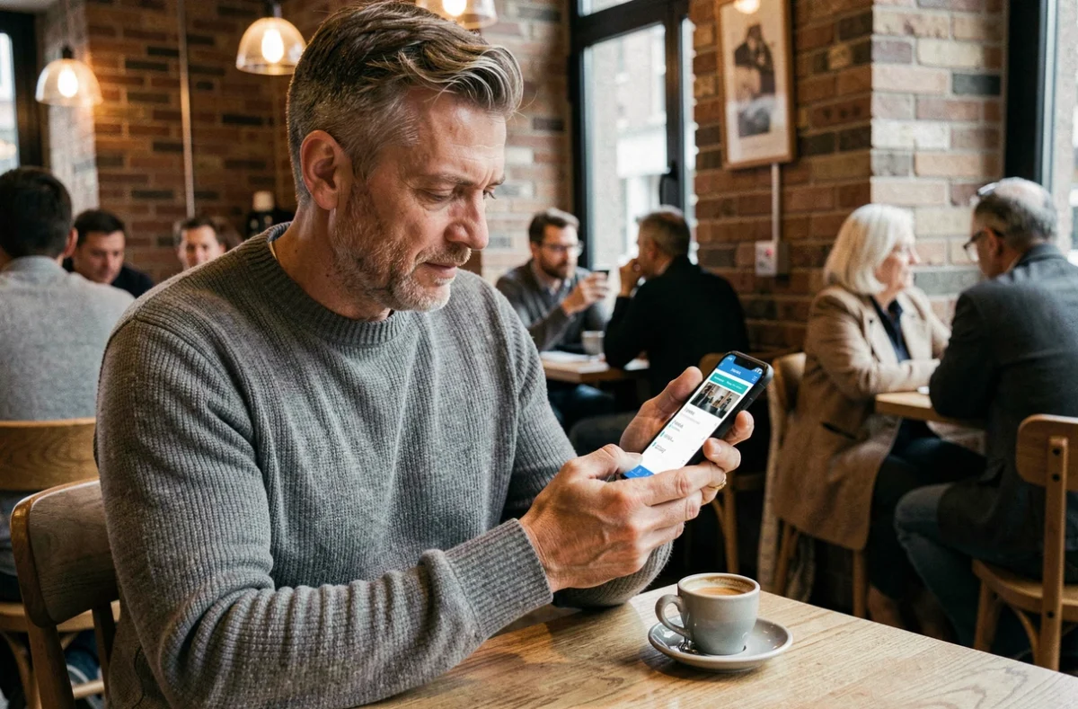 Homme comparant des offres de banque en ligne sur smartphone dans un café pour changer de banque grâce au parrainage Boursorama