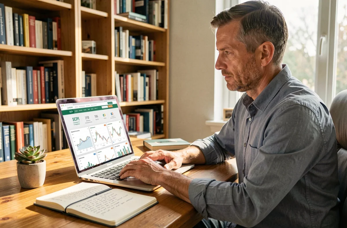 Homme travaillant depuis chez lui pour comparer les performances de différentes SCPI en ligne