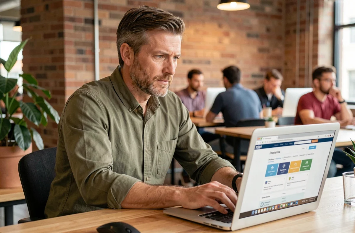 Homme comparant des offres d'assurance voyage sur ordinateur portable dans un espace de coworking