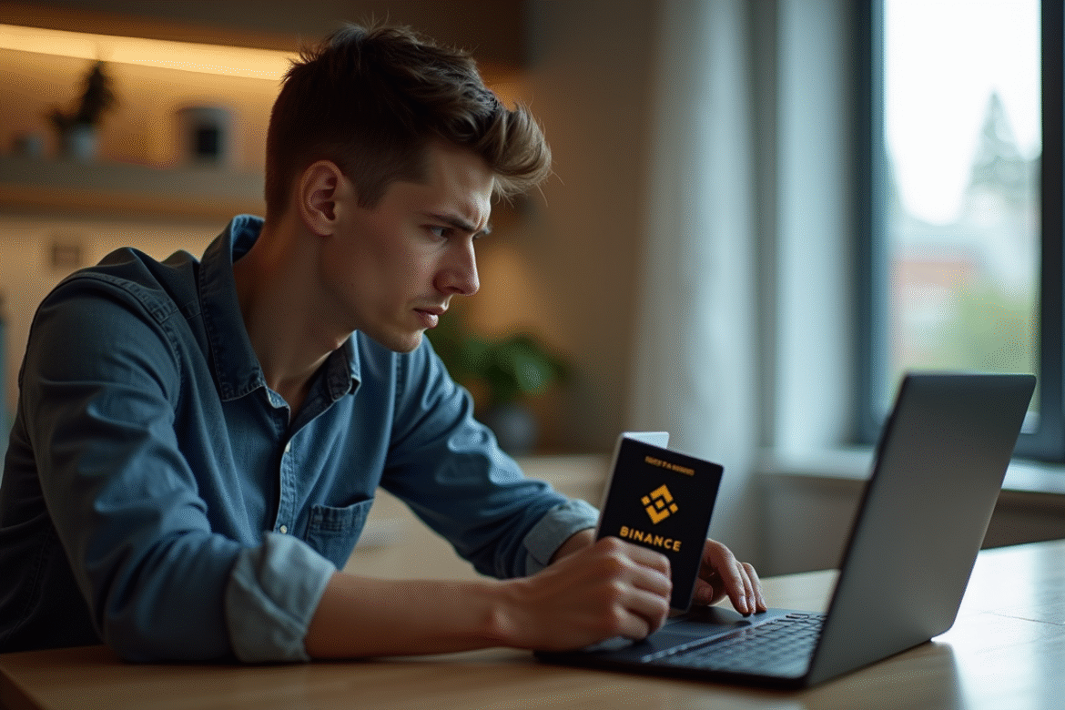 Jeune homme confus avec passeport canadien devant site Binance