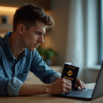 Jeune homme confus avec passeport canadien devant site Binance