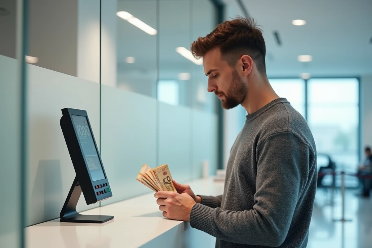 Homme tenant des billets de francs français devant un écran de conversion en euros dans une banque moderne