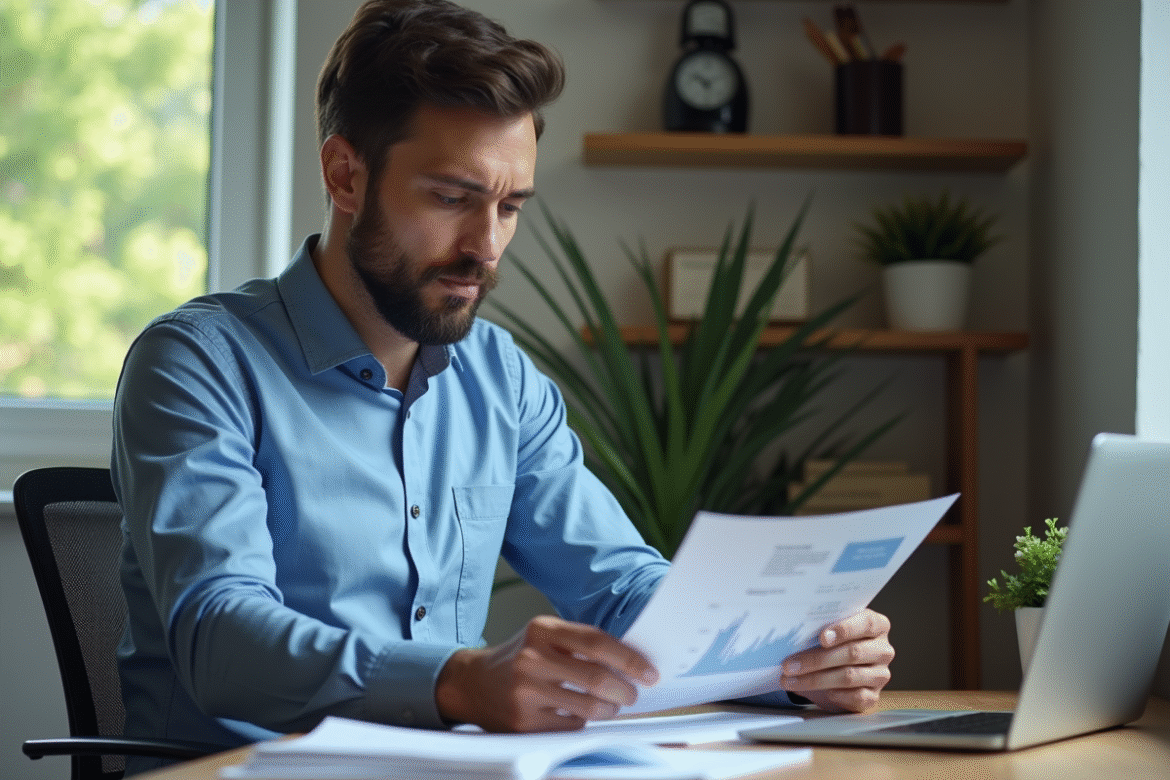 Homme en costume décontracté dans un bureau moderne analysant des documents crypto
