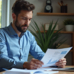 Homme en costume décontracté dans un bureau moderne analysant des documents crypto
