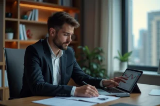 Jeune homme d'affaires surveillant des graphiques crypto sur tablette