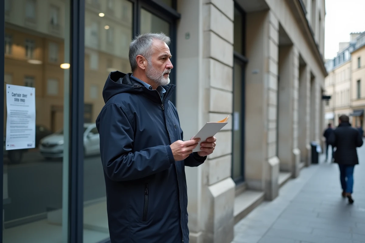 Homme seul devant un bureau des services sociaux consultant un affichage relatif aux allocations RSA en 2026