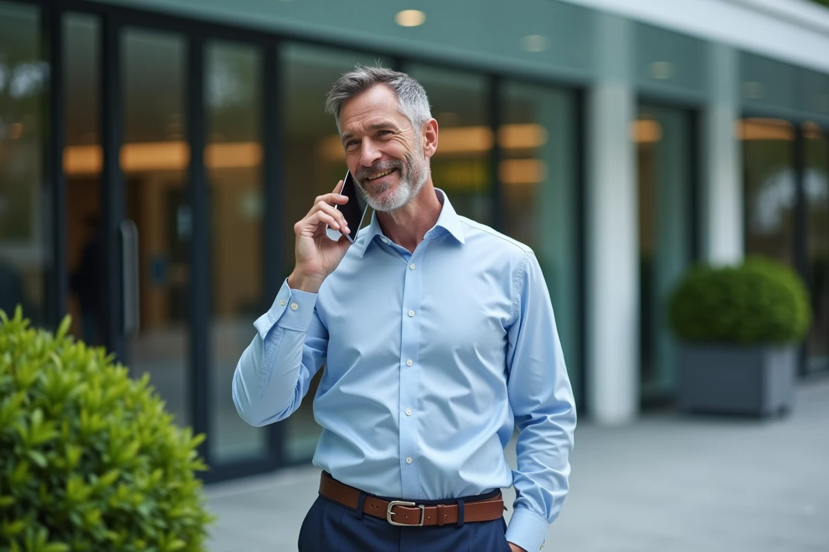 Homme d affaires parlant au téléphone devant un bâtiment moderne