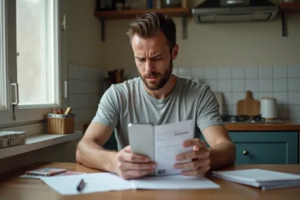 Homme stressé tenant une facture Free impayée et un smartphone dans une cuisine d'appartement