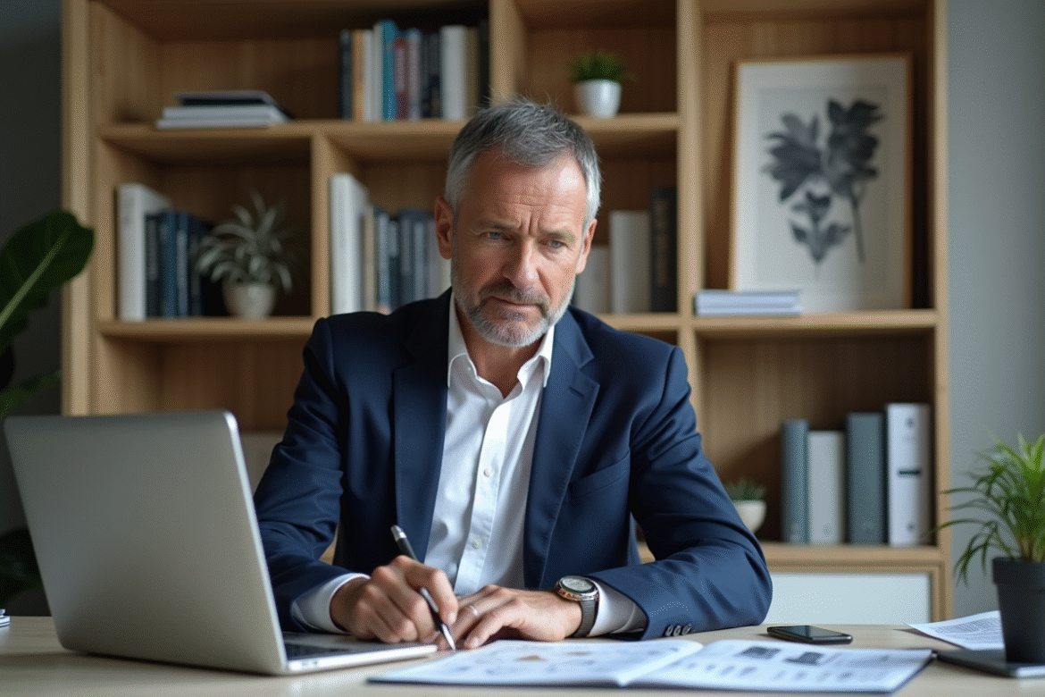 Homme d'âge moyen en costume bleu étudiant des graphiques financiers