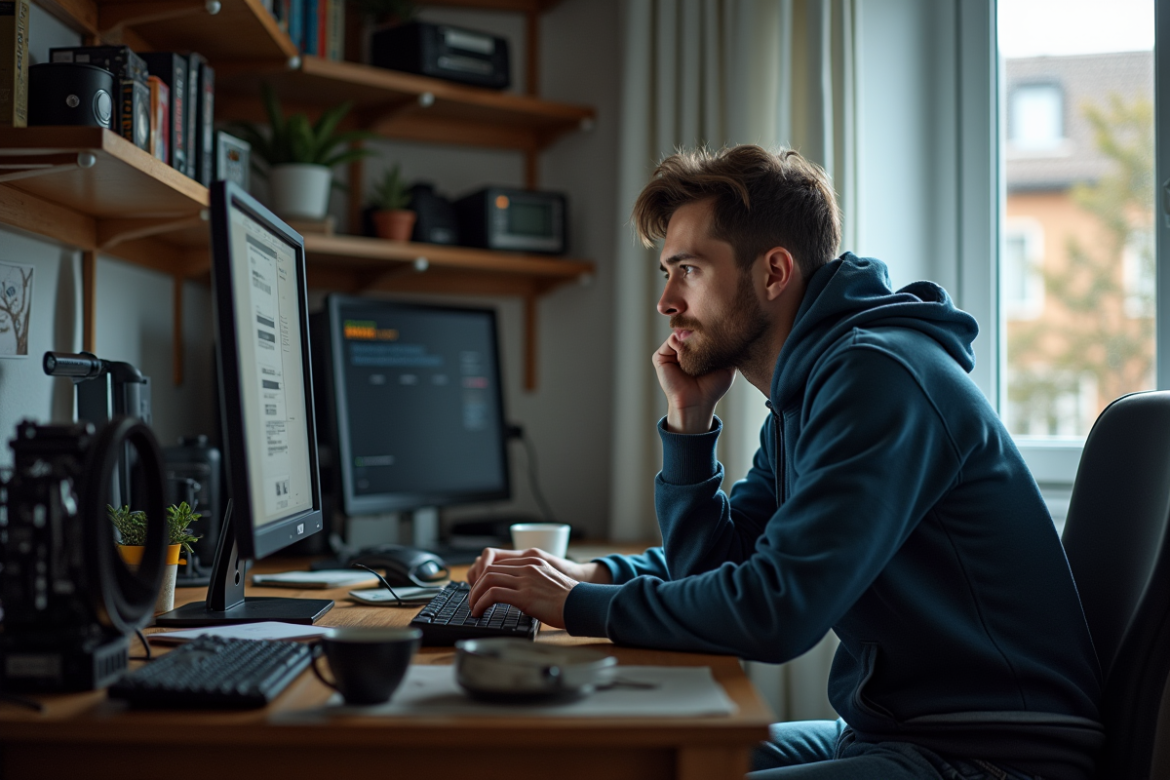 Homme pensif dans un bureau avec matériel de minage