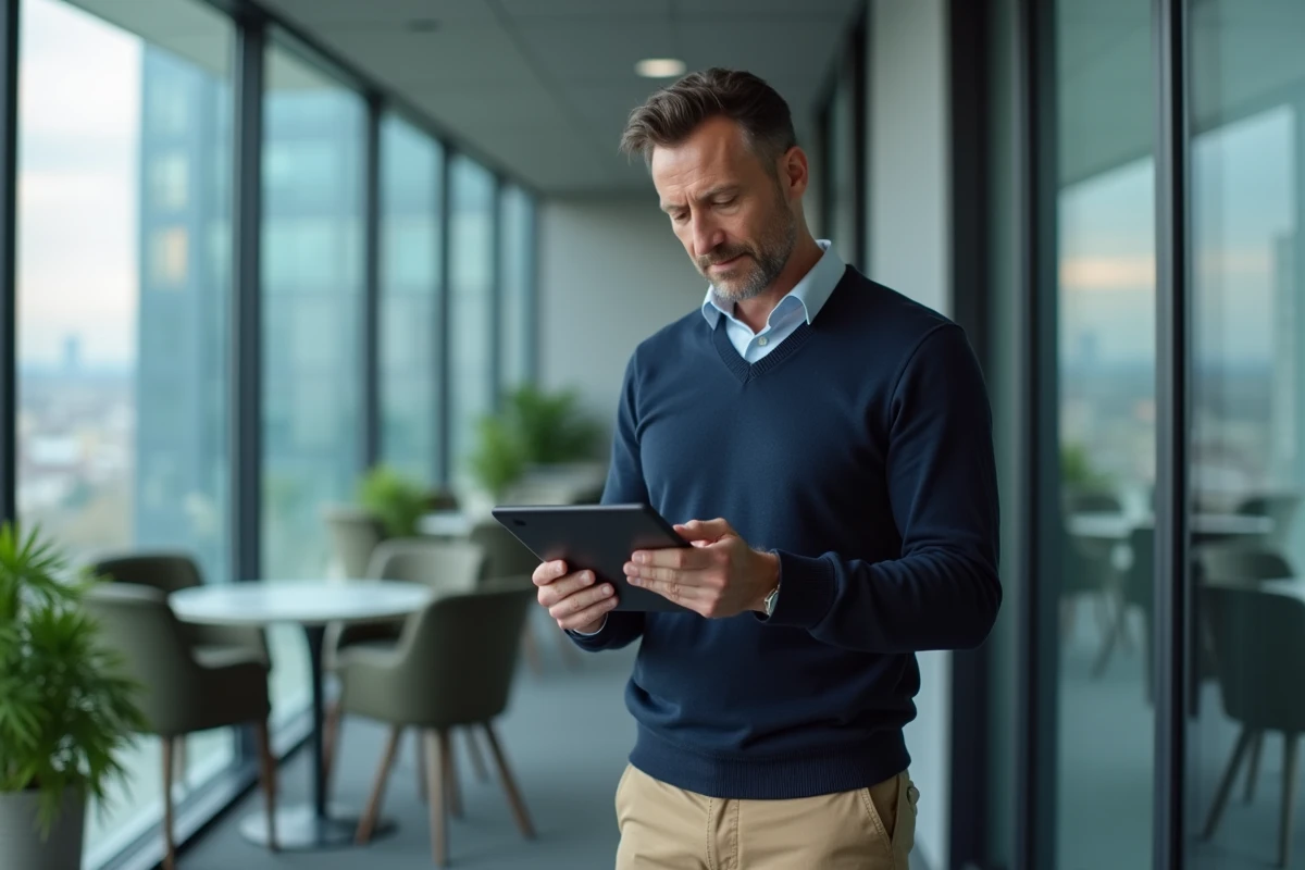 Homme vérifiant sa tablette dans un bureau urbain