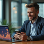 Cryptomonnaie : Découvrez qui a réussi à devenir riche ! Homme souriant avec smartphone et ordinateur affichant une hausse cryptomonnaie