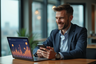 Homme souriant avec smartphone et ordinateur affichant une hausse cryptomonnaie