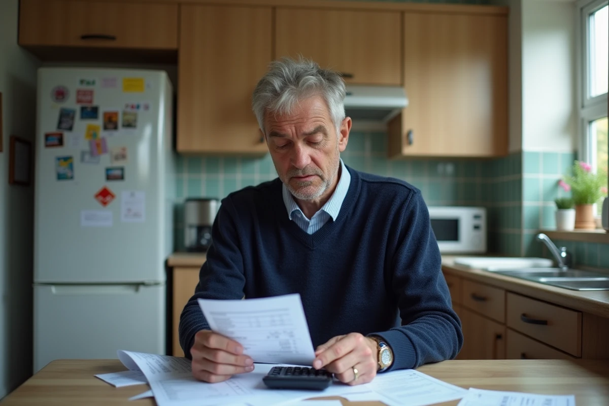 Homme à la maison calculant sa fiche de paie